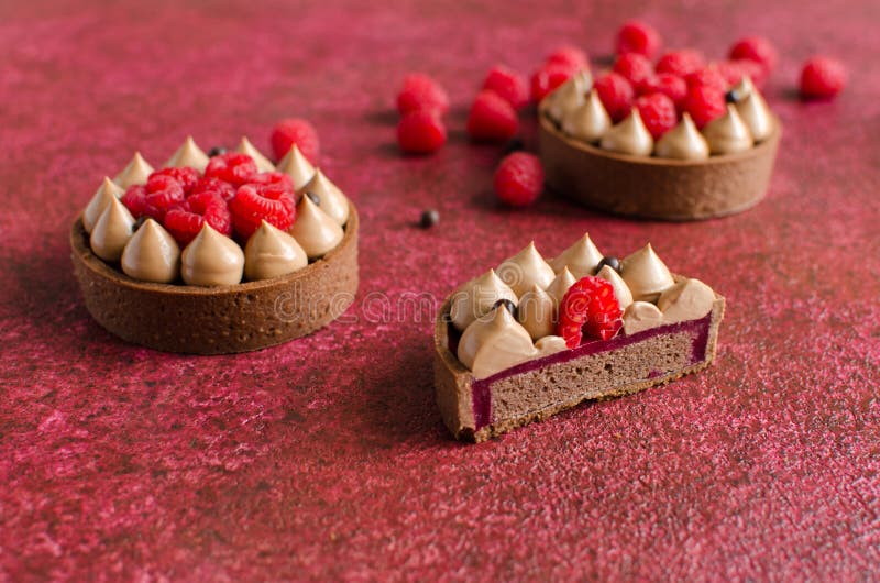 Reeks chocolade minidietaartjes met verse frambozen worden verfraaid royalty-vrije stock afbeelding Reeks chocolade minidietaartjes met verse frambozen worden verfraaid royalty-vrije stock afbeelding