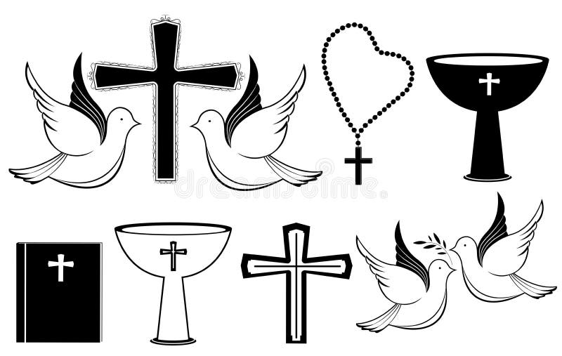 Reeks christelijke zwarte witte pictogrammen voor Christening, Reurrectie, Pasen Kruis, duif, rosary, baptismal bowl, Bijbel