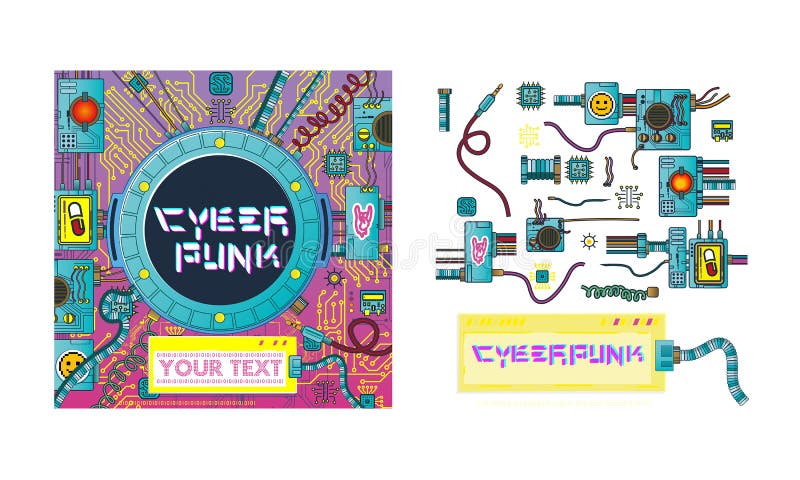 Reeks cyberpunk futuristische affiche met retro van het de affichemalplaatje van technologie van spelenelementen abstracte modern royalty-vrije illustratie Reeks cyberpunk futuristische affiche met retro van het de affichemalplaatje van technologie van spelenelementen abstracte modern royalty-vrije illustratie