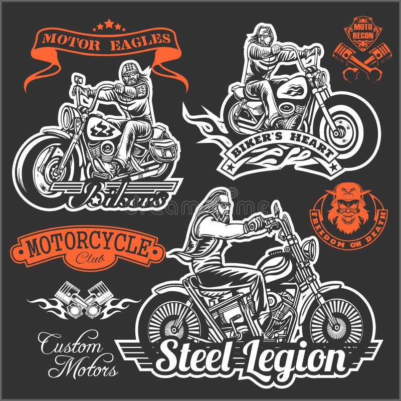 Reeks de Uitstekende drukken, de emblemen, de etiketten, de kentekens en emblemen van de motorfietst-shirt Zwart-wit stijl royalty-vrije illustratie Reeks de Uitstekende drukken, de emblemen, de etiketten, de kentekens en emblemen van de motorfietst-shirt Zwart-wit stijl royalty-vrije illustratie