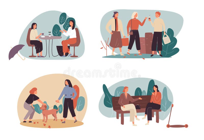 Reeks die van Vrije tijd vier of Vrije tijdsbeeldverhaalillustraties met vrouwen die van koffie genieten samen, in een stedelijk royalty-vrije illustratie Reeks die van Vrije tijd vier of Vrije tijdsbeeldverhaalillustraties met vrouwen die van koffie genieten samen, in een stedelijk royalty-vrije illustratie