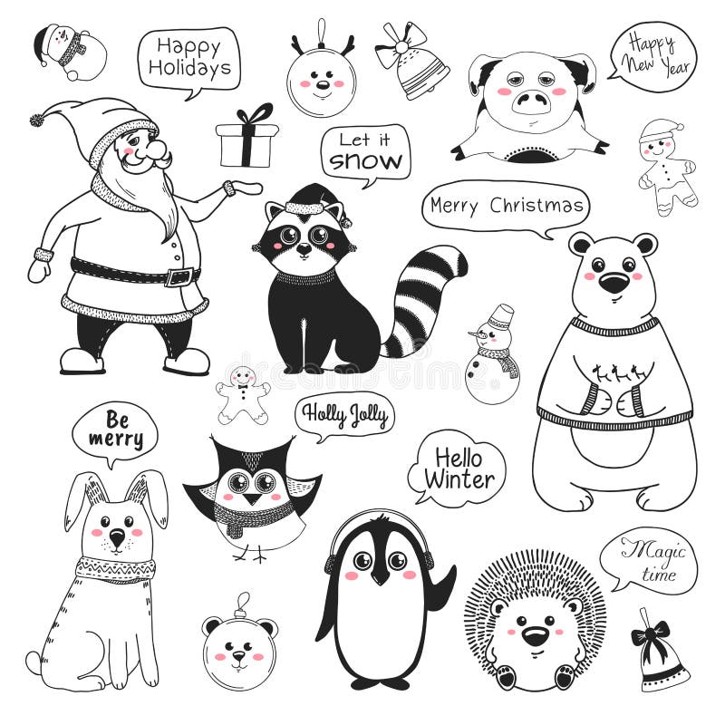 Reeks dieren en verschillende Kerstmiselementen Verschillende groeten Vector illustratie vector illustratie Reeks dieren en verschillende Kerstmiselementen Verschillende groeten Vector illustratie vector illustratie