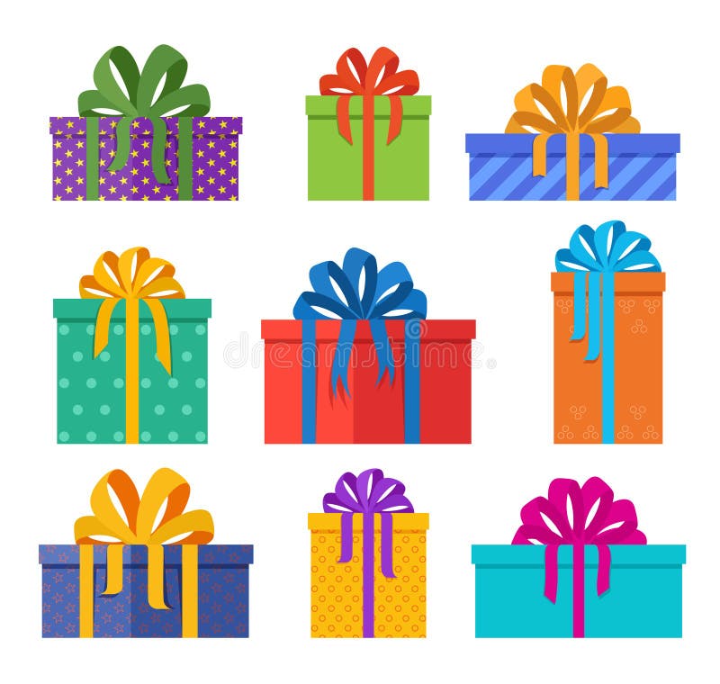 Reeks dozen van Kerstmisgiften in vakantiepakketten met gekleurd bowknots Kerstmis stelt ontworpen in vlakke stijl voor