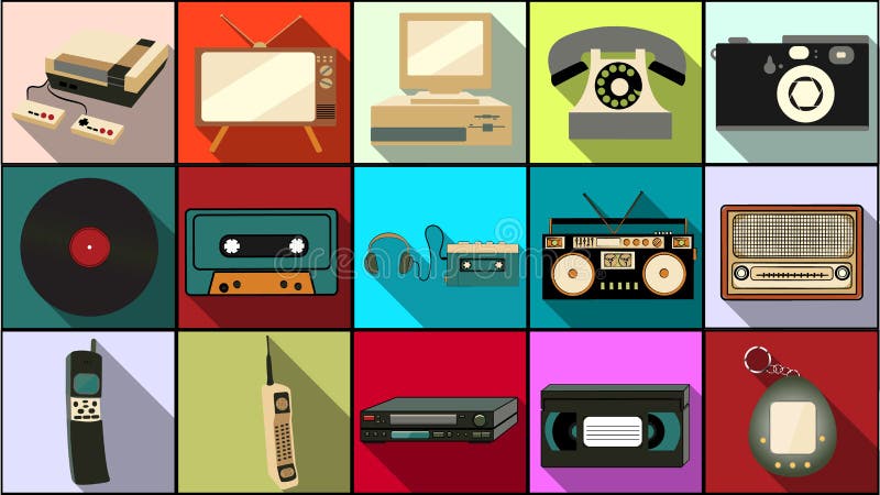 Reeks eenvoudige vlakke stijlpictogrammen met lange schaduw van oude retro uitstekende hipsterelektronika, mobiele telefoons, cam vector illustratie Reeks eenvoudige vlakke stijlpictogrammen met lange schaduw van oude retro uitstekende hipsterelektronika, mobiele telefoons, cam vector illustratie