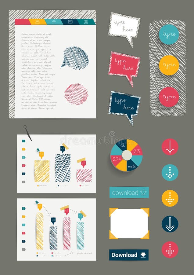 Set of work office web layout elements. Colorful graphic flat template. Folder, sticker, graph, tab, data, bubbles set. Vector infographic background. Set of work office web layout elements. Colorful graphic flat template. Folder, sticker, graph, tab, data, bubbles set. Vector infographic background.