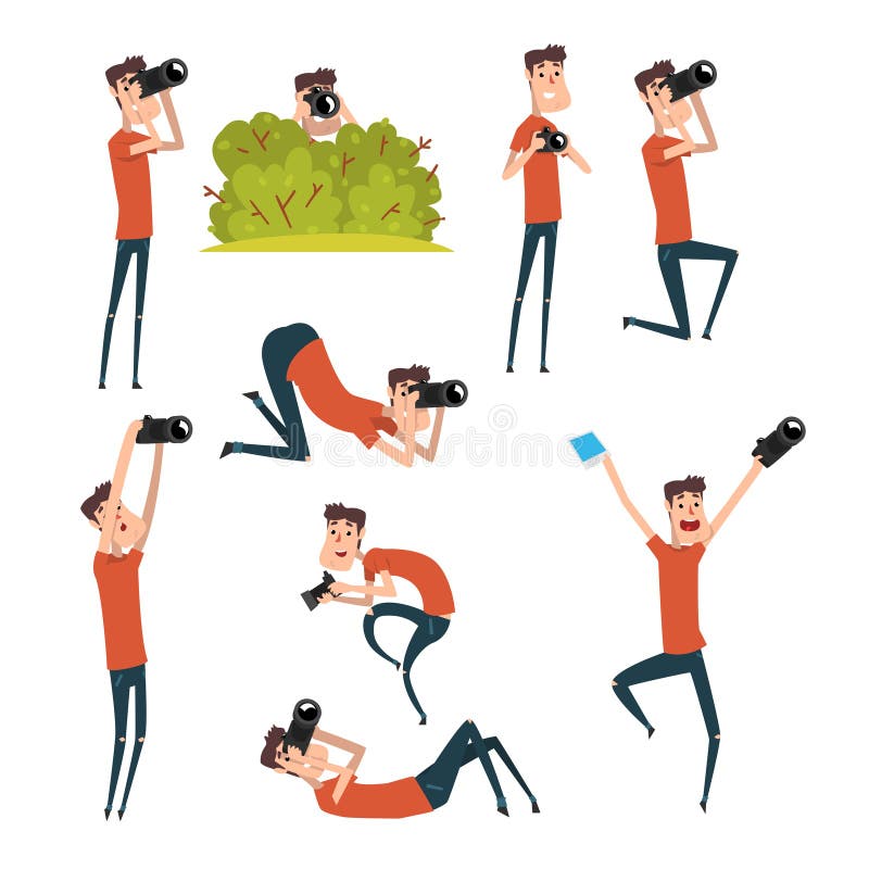 Reeks fotografen in verschillende situaties Beeldverhaalmens die beelden nemen die professionele camera met behulp van Jonge vrol stock illustratie Reeks fotografen in verschillende situaties Beeldverhaalmens die beelden nemen die professionele camera met behulp van Jonge vrol stock illustratie
