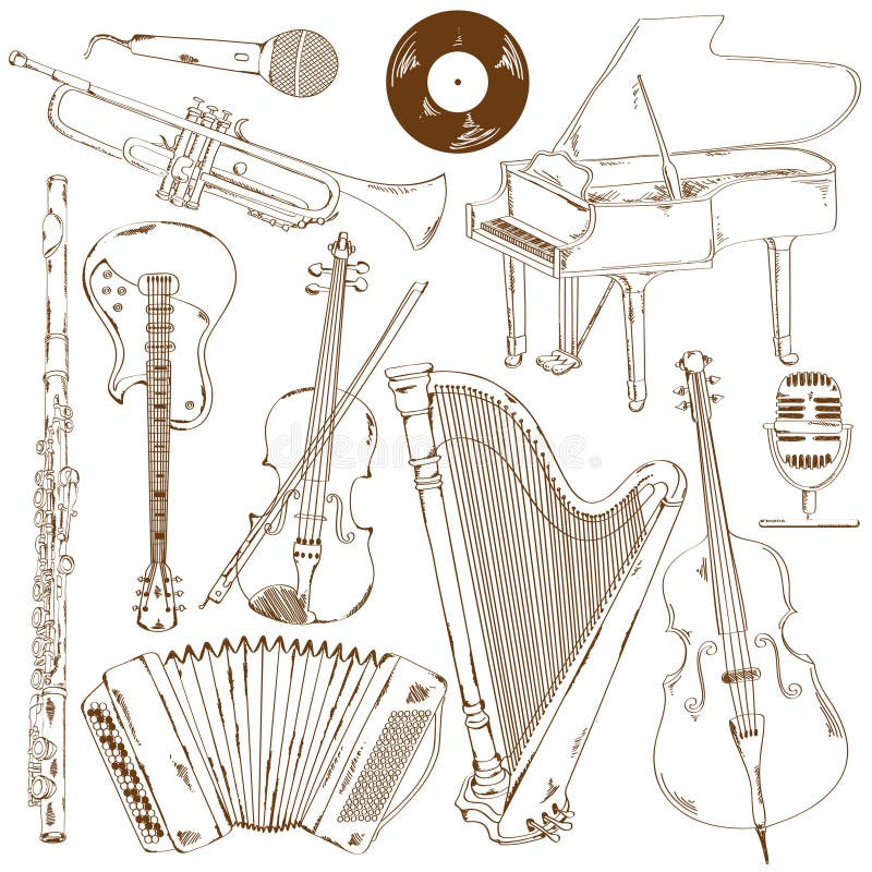 Reeks geïsoleerde schets muzikale instrumenten