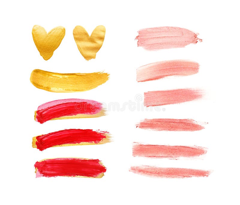 Reeks goud, het leven koraal en rode slagen die op witte achtergrond wordt ge?soleerd Bevlekte lippenstiftkogel Mooie geweven royalty-vrije illustratie Reeks goud, het leven koraal en rode slagen die op witte achtergrond wordt ge?soleerd Bevlekte lippenstiftkogel Mooie geweven royalty-vrije illustratie