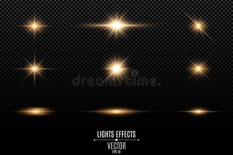 Reeks gouden lichteffecten voor een transparante achtergrond Flitsen en glans Heldere stralen van licht Gloeiende lijnen Vector royalty-vrije illustratie Reeks gouden lichteffecten voor een transparante achtergrond Flitsen en glans Heldere stralen van licht Gloeiende lijnen Vector royalty-vrije illustratie