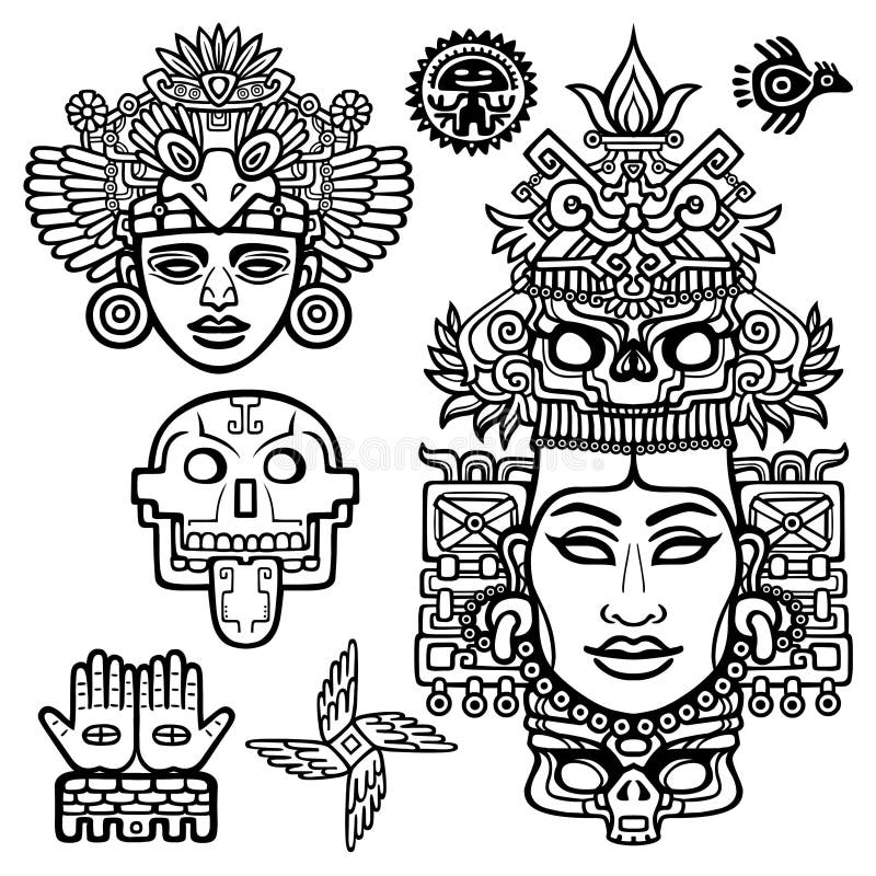 Set of graphic elements based on motives of art Native American Indian. Animation stylized images of ancient gods, idols, deity. Linear drawing isolated on a white background. Vector illustration. Set of graphic elements based on motives of art Native American Indian. Animation stylized images of ancient gods, idols, deity. Linear drawing isolated on a white background. Vector illustration.