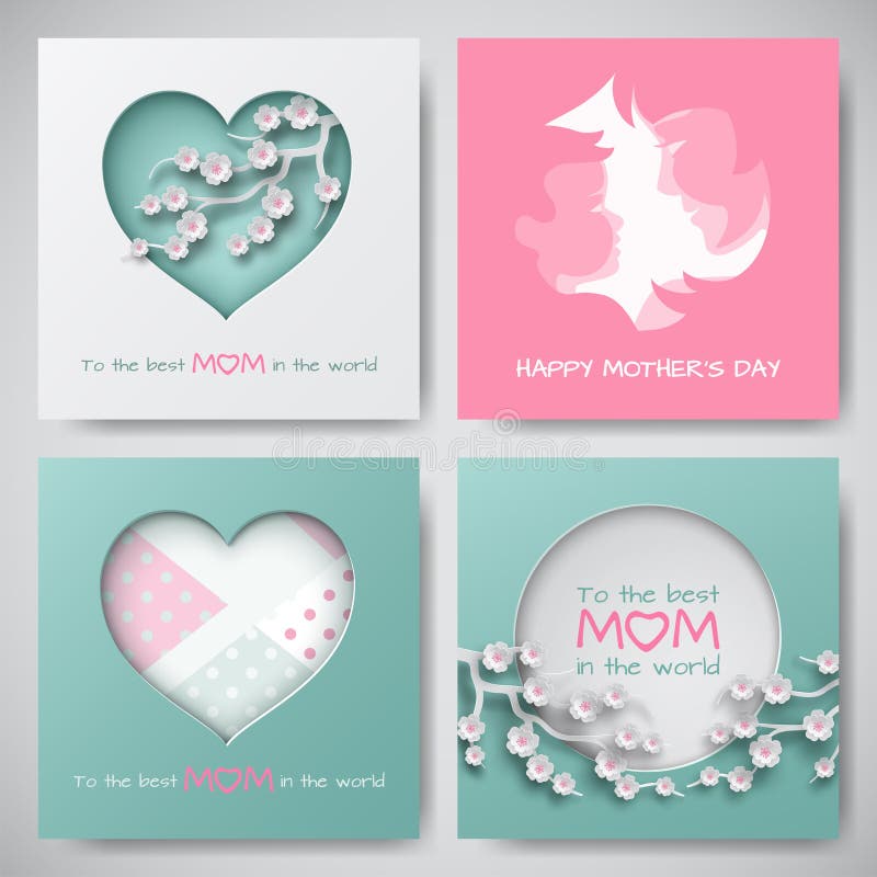 Reeks groetkaarten voor moeder` s dag Vrouwen en babysilhouetten, cuted cirkel en het hart verfraaide kersenbloemen royalty-vrije illustratie Reeks groetkaarten voor moeder` s dag Vrouwen en babysilhouetten, cuted cirkel en het hart verfraaide kersenbloemen royalty-vrije illustratie