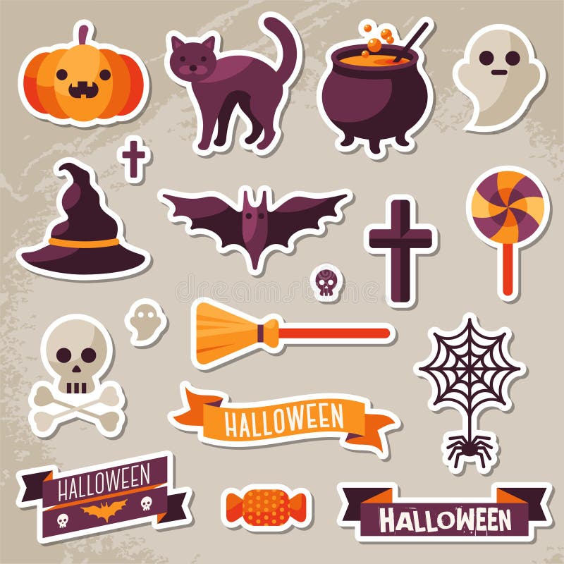 Set of Halloween Ribbons and Characters Stickers. Scrapbook elements. Vector illustration. Textured background. Witch Hat, Sweet Candy, Spider and Web, Skull. Set of Halloween Ribbons and Characters Stickers. Scrapbook elements. Vector illustration. Textured background. Witch Hat, Sweet Candy, Spider and Web, Skull