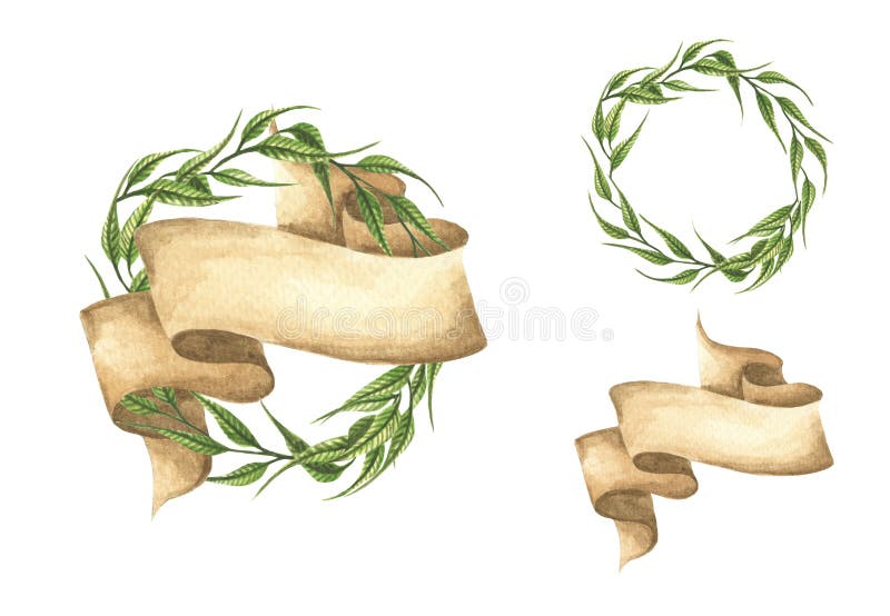 Reeks hand getrokken groene bladerenkronen met lint vector illustratie Reeks hand getrokken groene bladerenkronen met lint vector illustratie