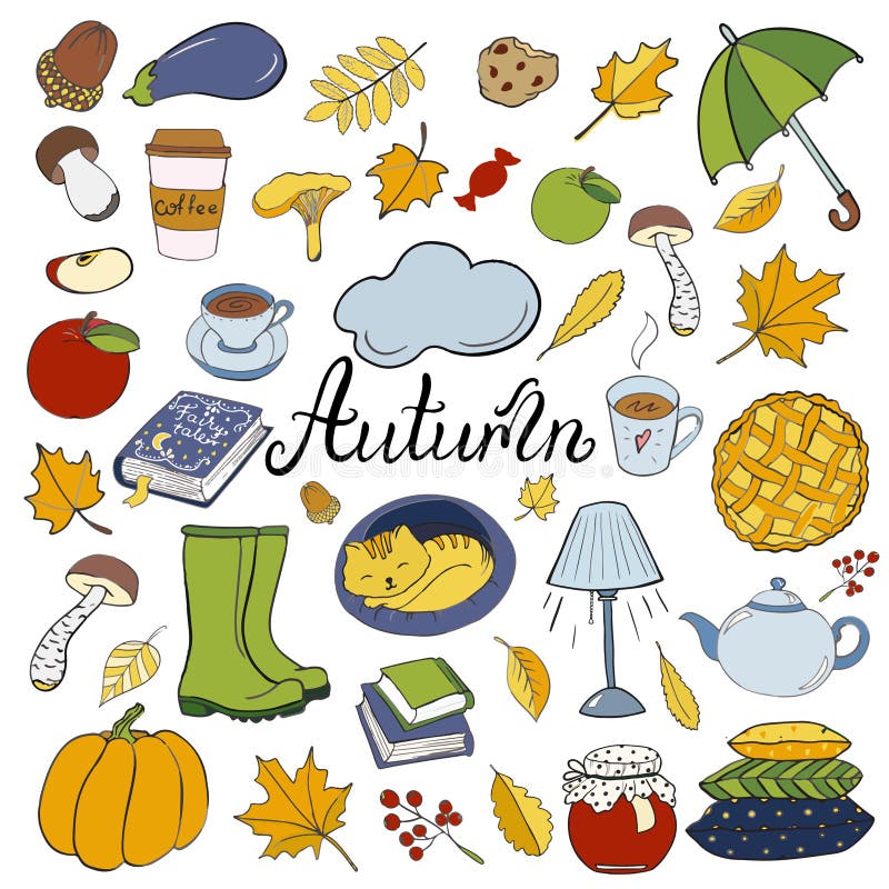 Reeks hand getrokken krabbelelementen over de herfst Comfortabele dalingsinzameling van tekeningen, vectortekening stock illustratie Reeks hand getrokken krabbelelementen over de herfst Comfortabele dalingsinzameling van tekeningen, vectortekening stock illustratie