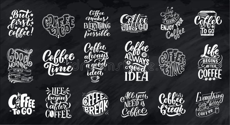 Reeks Hand het van letters voorzien citaten met schetsen voor koffiewinkel of koffie Hand getrokken uitstekende geïsoleerde typog vector illustratie Reeks Hand het van letters voorzien citaten met schetsen voor koffiewinkel of koffie Hand getrokken uitstekende geïsoleerde typog vector illustratie