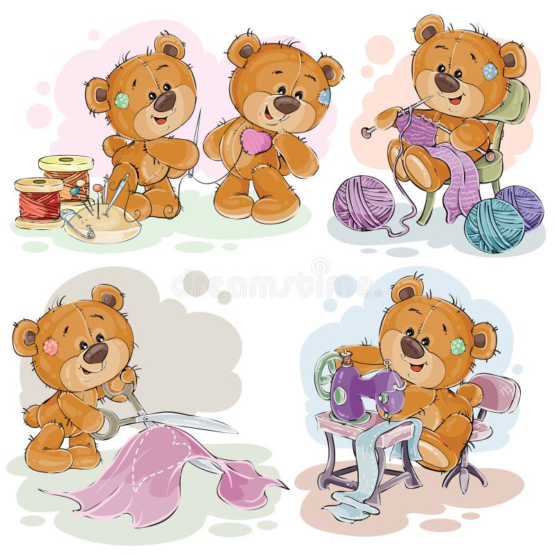 Reeks illustraties van de klemkunst van teddyberen en hun hobby van het handmeisje