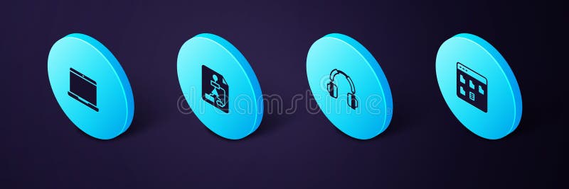 Set Isometric Browser files, Headphones, Flowchart and Laptop icon. Vector. Set Isometric Browser files, Headphones, Flowchart and Laptop icon. Vector.