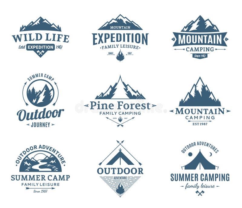 Set of camping and outdoor activity logos. Tourism, hiking and camping labels. Camping and travel icons for tourism organizations, outdoor events and camping leisure. Set of camping and outdoor activity logos. Tourism, hiking and camping labels. Camping and travel icons for tourism organizations, outdoor events and camping leisure.