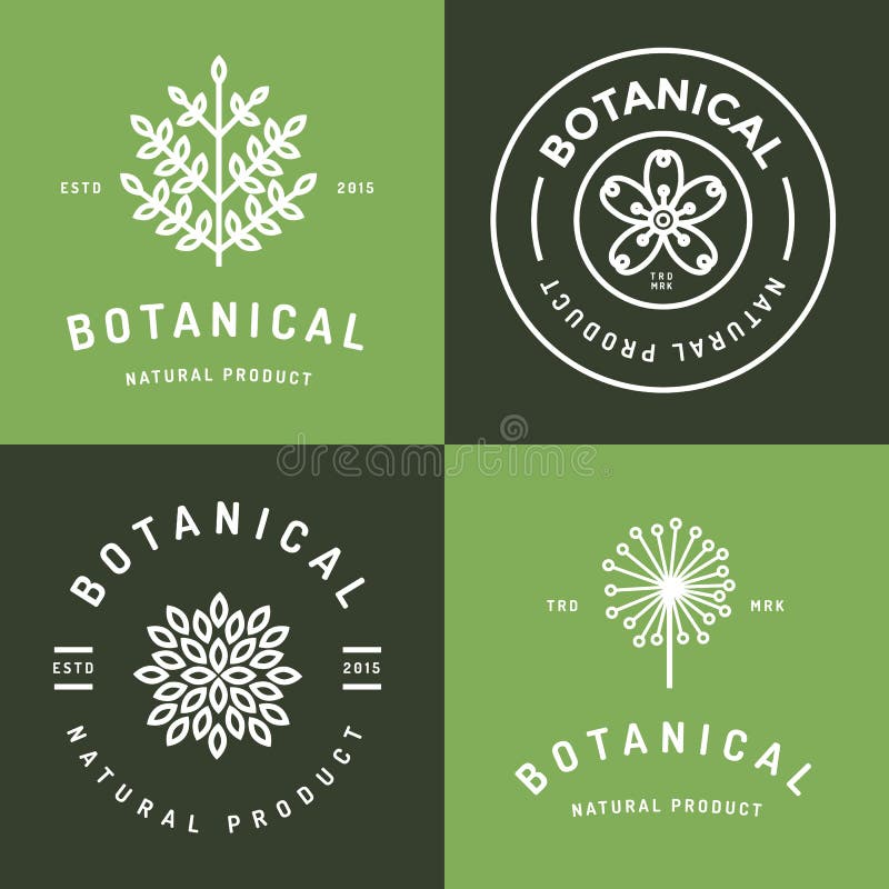 Reeks kentekens, banner, etiketten en emblemen voor botanisch natuurlijk product, winkel Bladembleem, bloemembleem Het lineaire o vector illustratie Reeks kentekens, banner, etiketten en emblemen voor botanisch natuurlijk product, winkel Bladembleem, bloemembleem Het lineaire o vector illustratie