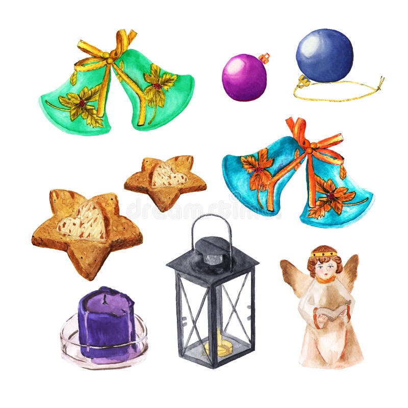 Reeks Kerstmisdingen Engel, ballen, klokken, lamp, kaars, koekjes De decoratie van waterverfkerstmis stock illustratie Reeks Kerstmisdingen Engel, ballen, klokken, lamp, kaars, koekjes De decoratie van waterverfkerstmis stock illustratie