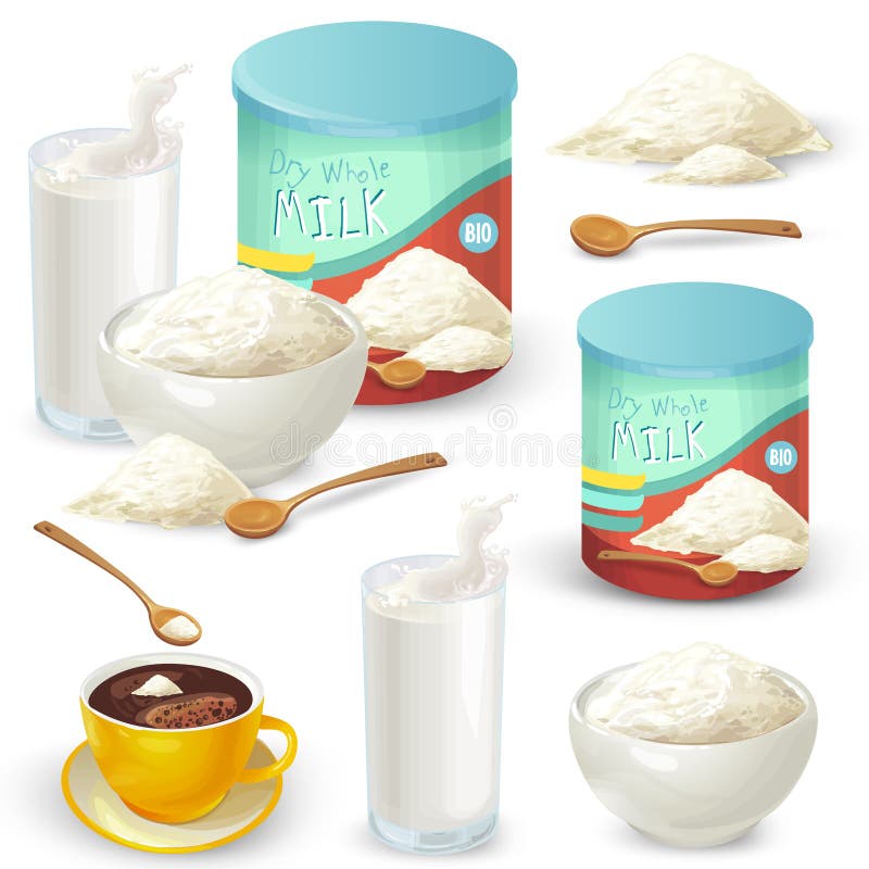 Reeks kleuren vectorillustraties van volle melkpoeder stock illustratie Reeks kleuren vectorillustraties van volle melkpoeder stock illustratie