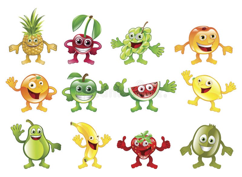 A set of happy cute colourful fruit character mascots. A set of happy cute colourful fruit character mascots