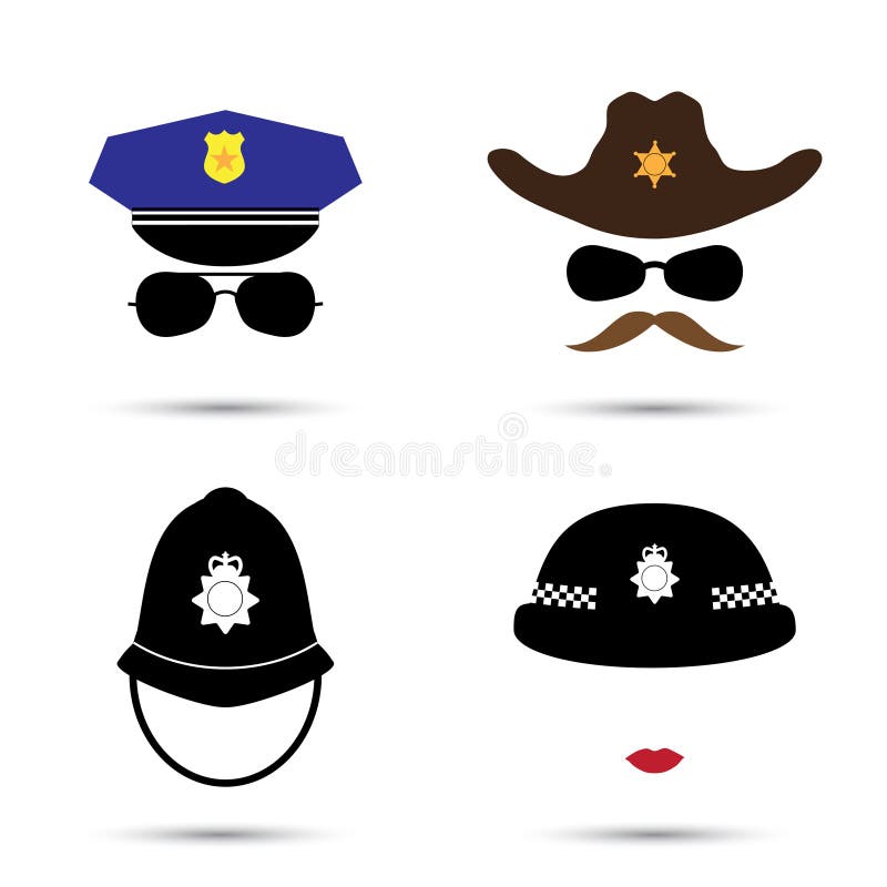 Reeks kleurrijke vectorpictogrammen op wit Politieagentpictogram Sheriffpictogram Cowboypictogram Britse politie vector illustratie Reeks kleurrijke vectorpictogrammen op wit Politieagentpictogram Sheriffpictogram Cowboypictogram Britse politie vector illustratie