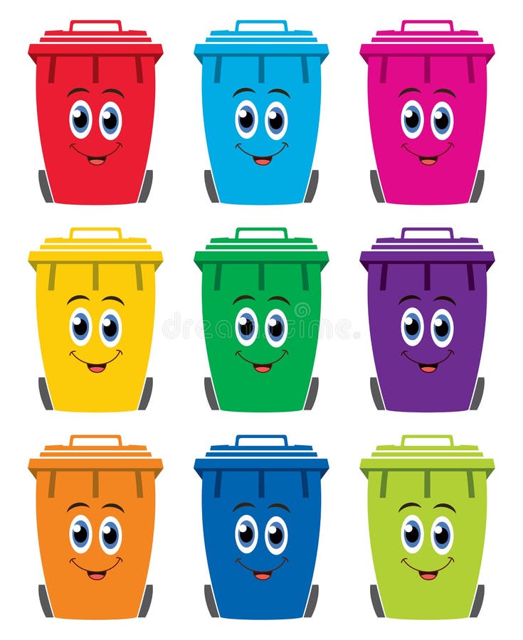 Reeks kleurrijke vlakke pictogrammen van de recyclings wheelie bak royalty-vrije illustratie Reeks kleurrijke vlakke pictogrammen van de recyclings wheelie bak royalty-vrije illustratie