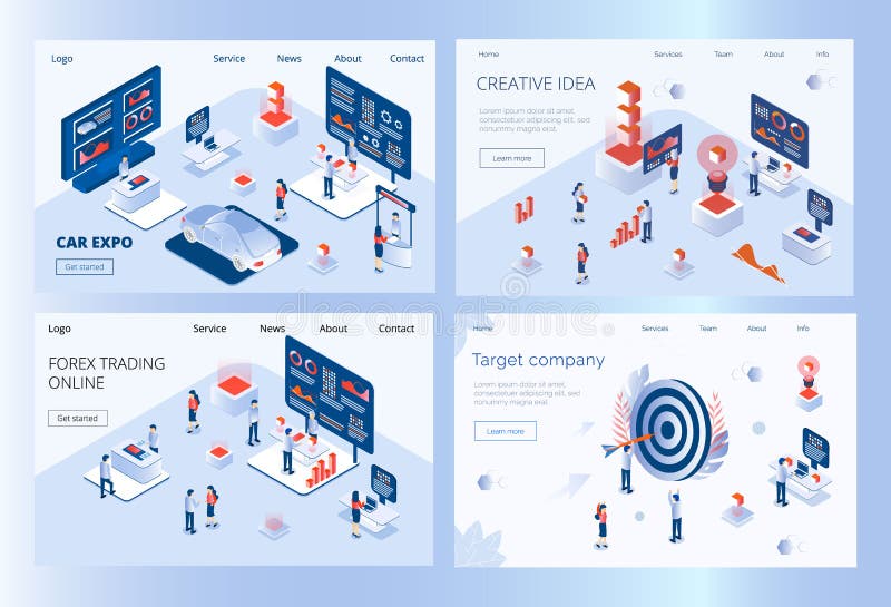 Reeks landigpagina's van auto Expo die, forex, creatief idee, bedrijfdoel handel drijft vector illustratie Reeks landigpagina's van auto Expo die, forex, creatief idee, bedrijfdoel handel drijft vector illustratie