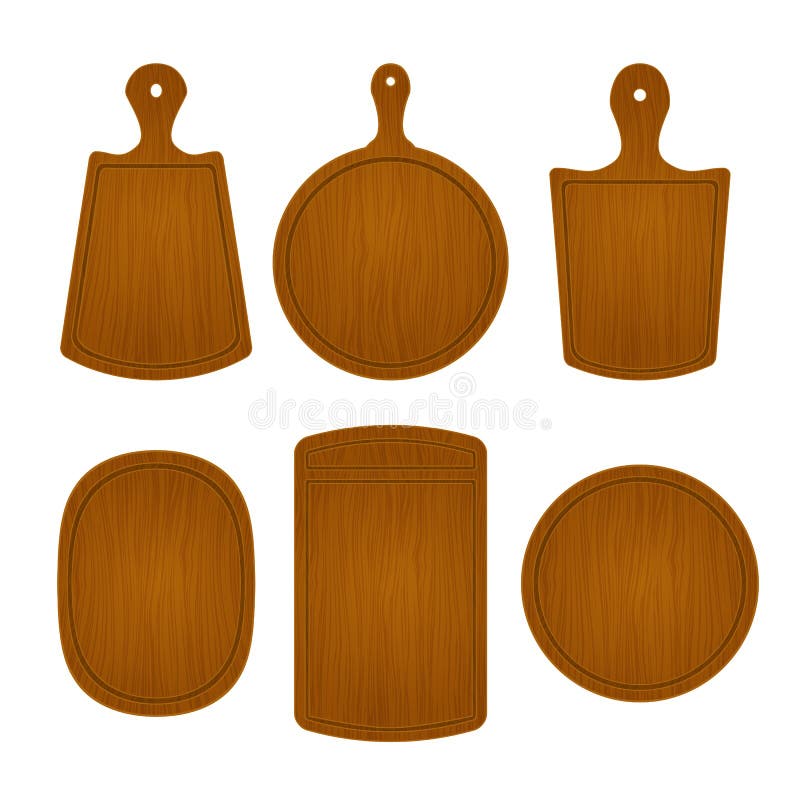 Reeks lege houten scherpe raad in verschillende vormen die op witte achtergrond worden geïsoleerd Vectorillustratie van keukenvoo stock illustratie Reeks lege houten scherpe raad in verschillende vormen die op witte achtergrond worden geïsoleerd Vectorillustratie van keukenvoo stock illustratie
