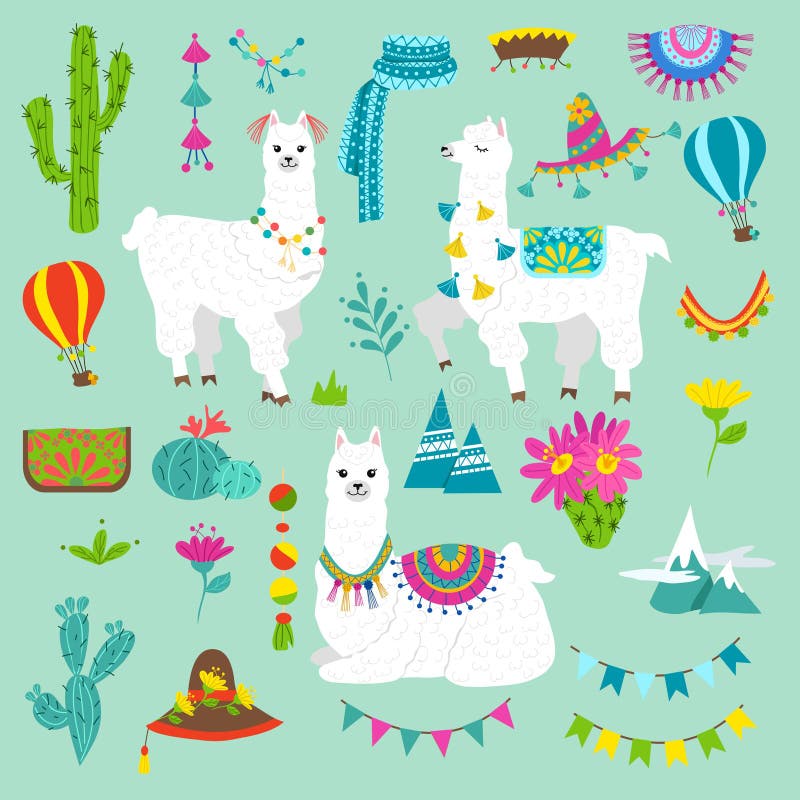 Reeks leuke alpacas en hand getrokken elementen Lama's en cactussen vectorillustratie De elementen van het de zomerontwerp voor g royalty-vrije illustratie Reeks leuke alpacas en hand getrokken elementen Lama's en cactussen vectorillustratie De elementen van het de zomerontwerp voor g royalty-vrije illustratie