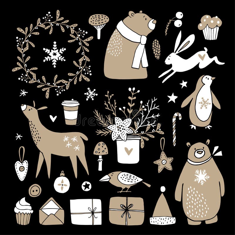 Reeks leuke krabbelschetsen De Kerstmis klem-kunsten van beer, konijntje, rendier, giftdozen, pinguïn, de winter bloeit en stock illustratie Reeks leuke krabbelschetsen De Kerstmis klem-kunsten van beer, konijntje, rendier, giftdozen, pinguïn, de winter bloeit en stock illustratie