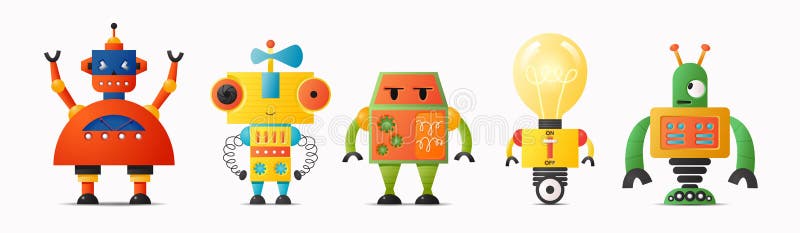 Reeks leuke vectorrobotkarakters voor jonge geitjes Toekomstige robotica en kunstmatige intelligentie stock illustratie Reeks leuke vectorrobotkarakters voor jonge geitjes Toekomstige robotica en kunstmatige intelligentie stock illustratie