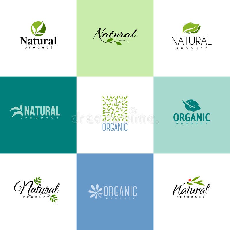 Reeks malplaatjes van het natuurlijke en biologische productenembleem Bladeren stock illustratie Reeks malplaatjes van het natuurlijke en biologische productenembleem Bladeren stock illustratie