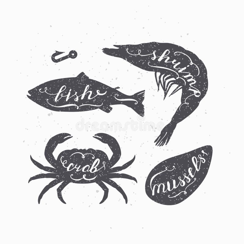 Reeks mariene dierensilhouetten met het van letters voorzien van tekens Vissen, krab, garnalen en mosselen Zeevruchtenwinkel vector illustratie Reeks mariene dierensilhouetten met het van letters voorzien van tekens Vissen, krab, garnalen en mosselen Zeevruchtenwinkel vector illustratie
