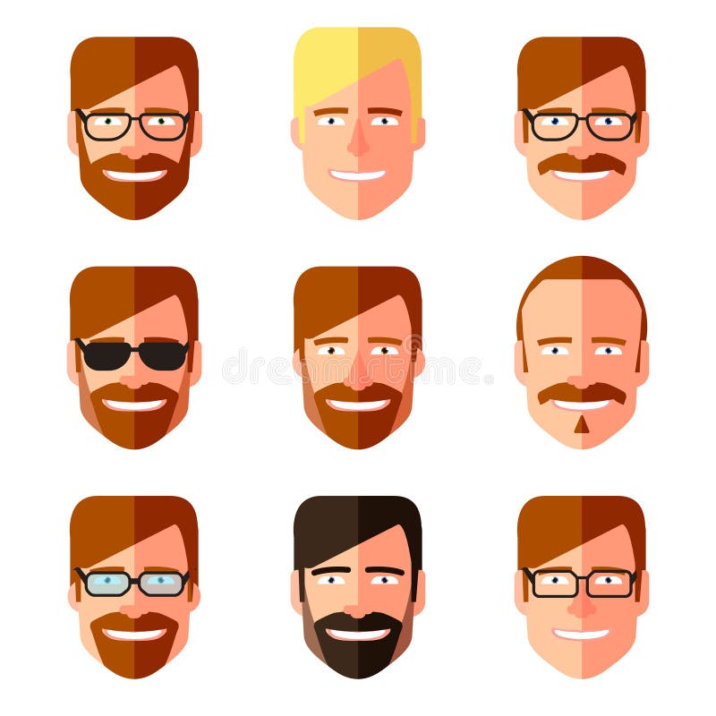 Reeks mensens gezichten met verschillende kapsels, snorren, baarden en glazen Vlak Ontwerp Silhouetten, emblemen, pictogrammen royalty-vrije illustratie Reeks mensens gezichten met verschillende kapsels, snorren, baarden en glazen Vlak Ontwerp Silhouetten, emblemen, pictogrammen royalty-vrije illustratie