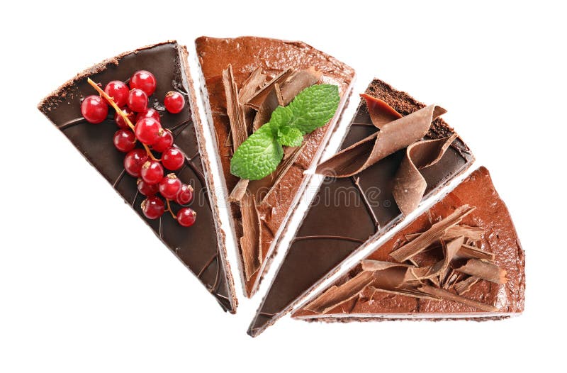 Reeks met de verschillende stukken van de chocoladecake op witte achtergrond stock afbeelding Reeks met de verschillende stukken van de chocoladecake op witte achtergrond stock afbeelding