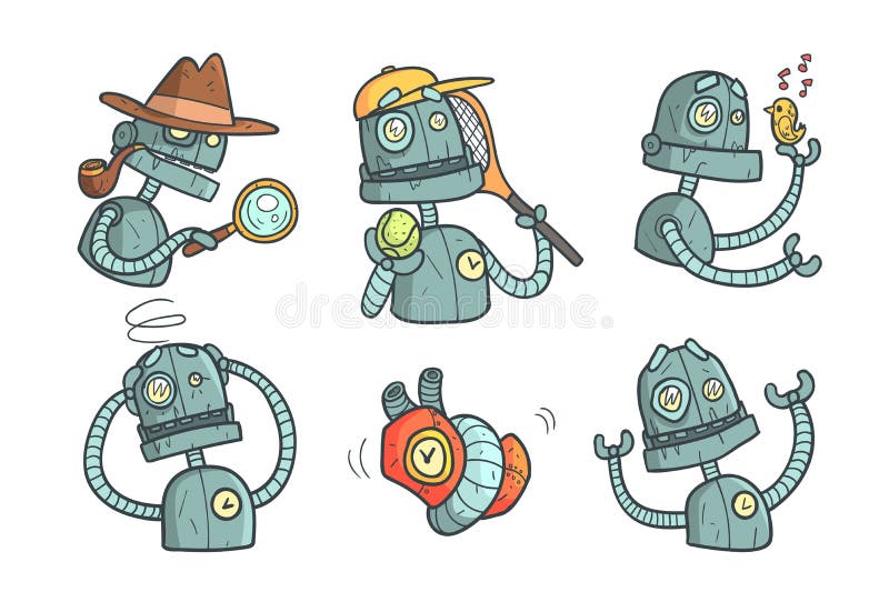 Reeks met metaalrobot met verschillende emoties Beeldverhaal mechanische andro?de in overzichtsstijl met kleurrijke vulling vecto vector illustratie Reeks met metaalrobot met verschillende emoties Beeldverhaal mechanische andro?de in overzichtsstijl met kleurrijke vulling vecto vector illustratie