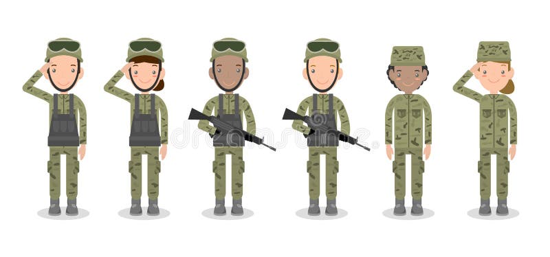 Reeks militairen Mannen en vrouwen het vlakke die ontwerp van het beeldverhaalkarakter op witte achtergrond wordt geïsoleerd Het