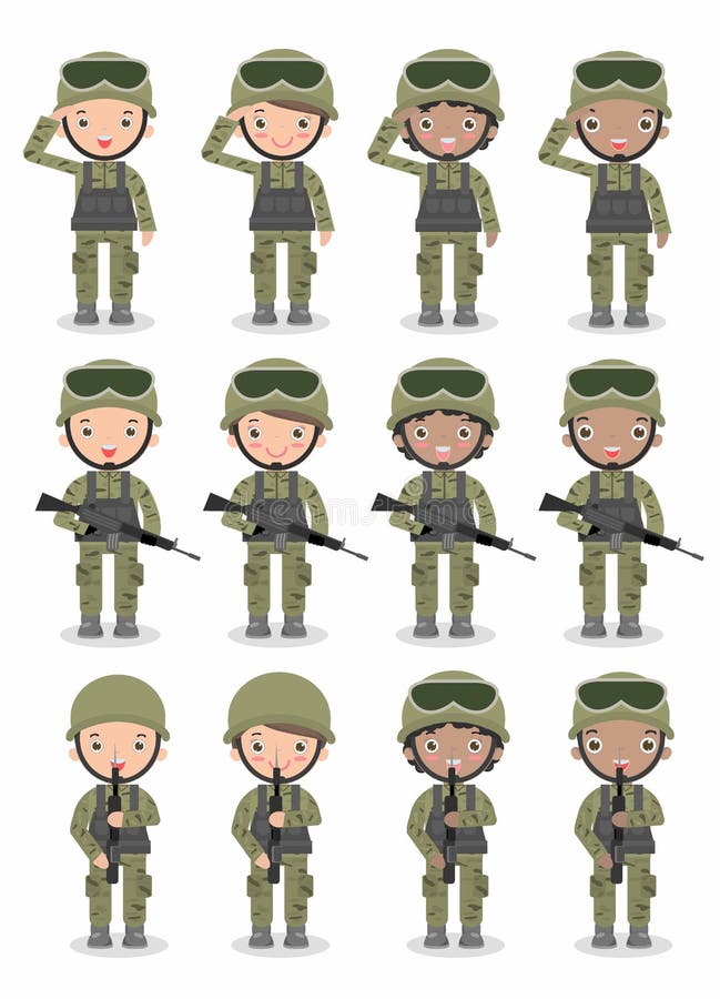 Reeks militairen Mannen en vrouwen het vlakke ontwerp van het beeldverhaalkarakter op witte achtergrond