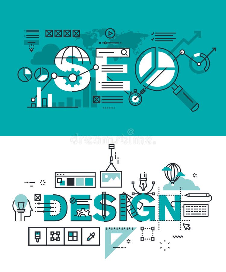 Reeks moderne vectorillustratieconcepten woorden SEO en ontwerp royalty-vrije illustratie Reeks moderne vectorillustratieconcepten woorden SEO en ontwerp royalty-vrije illustratie