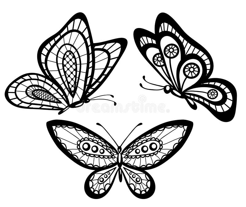 Reeks mooie zwart-witte guipurevlinders vector illustratie Reeks mooie zwart-witte guipurevlinders vector illustratie