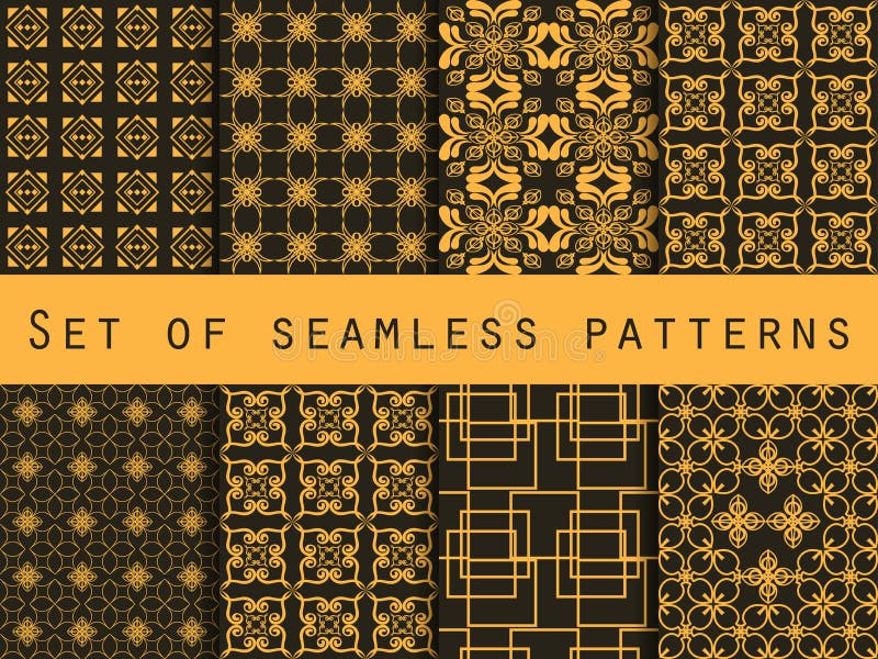 Reeks naadloze patronen Geometrische patronen Zwarte en gele kleur Voor behang, bedlinnen, tegels, stoffen, achtergronden stock illustratie Reeks naadloze patronen Geometrische patronen Zwarte en gele kleur Voor behang, bedlinnen, tegels, stoffen, achtergronden stock illustratie