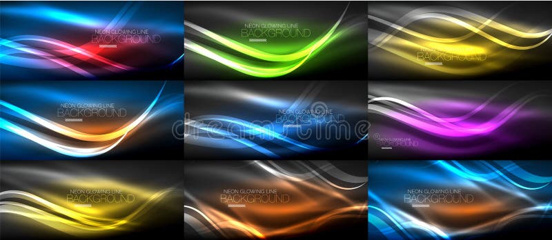 Reeks neon vlotte lichte gloeiende golven op de donkere, abstracte achtergronden stock illustratie Reeks neon vlotte lichte gloeiende golven op de donkere, abstracte achtergronden stock illustratie