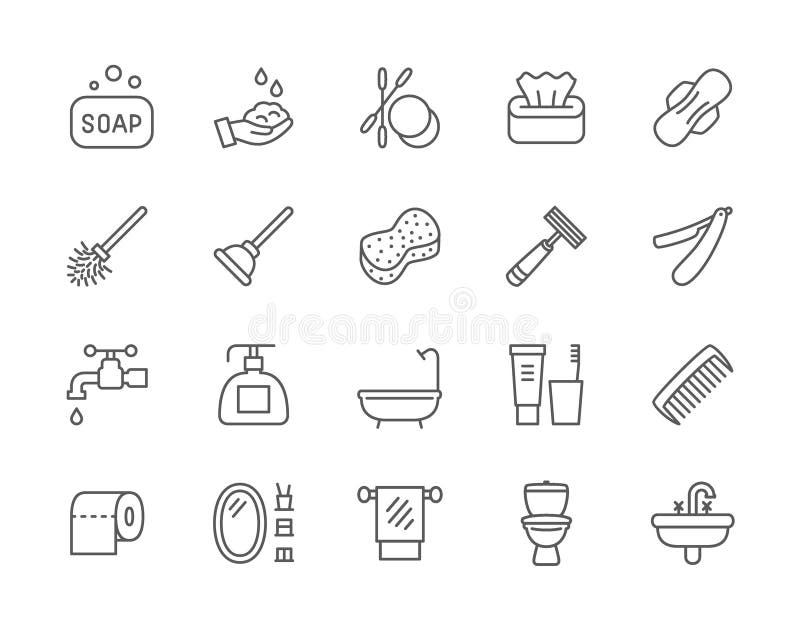 Reeks Pictogrammen van de Hygiënelijn Badkuip, Badspons, Tampon, Toiletduiker en meer royalty-vrije illustratie Reeks Pictogrammen van de Hygiënelijn Badkuip, Badspons, Tampon, Toiletduiker en meer royalty-vrije illustratie