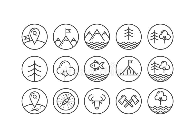 Reeks pictogrammen van de lijnkunst op het thema van toerisme in het ronde kader stock illustratie Reeks pictogrammen van de lijnkunst op het thema van toerisme in het ronde kader stock illustratie