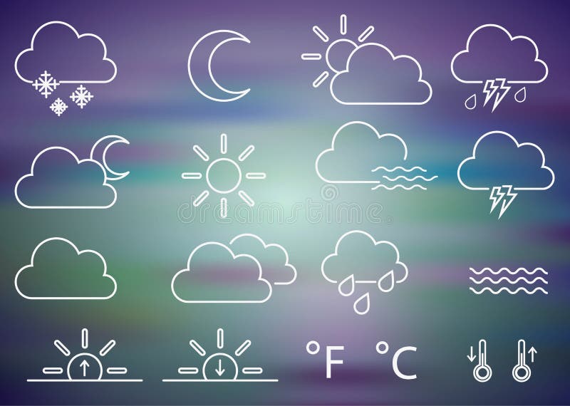 Reeks pictogrammen van de weer vectorlijn Bevat symbolen van de zon, de wolken, de sneeuwvlokken, de wind, de regenboog, de maan stock illustratie Reeks pictogrammen van de weer vectorlijn Bevat symbolen van de zon, de wolken, de sneeuwvlokken, de wind, de regenboog, de maan stock illustratie