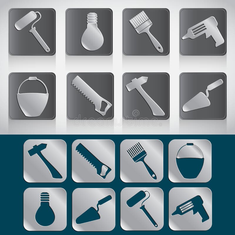 Reeks pictogrammen van hulpmiddelen voor huisbouw of reparatie stock illustratie Reeks pictogrammen van hulpmiddelen voor huisbouw of reparatie stock illustratie