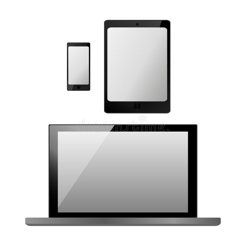 Reeks realistische elektronische technologieapparaten met het lege witte scherm Laptop, tablet, mobiele telefoon, smartphone mode vector illustratie Reeks realistische elektronische technologieapparaten met het lege witte scherm Laptop, tablet, mobiele telefoon, smartphone mode vector illustratie