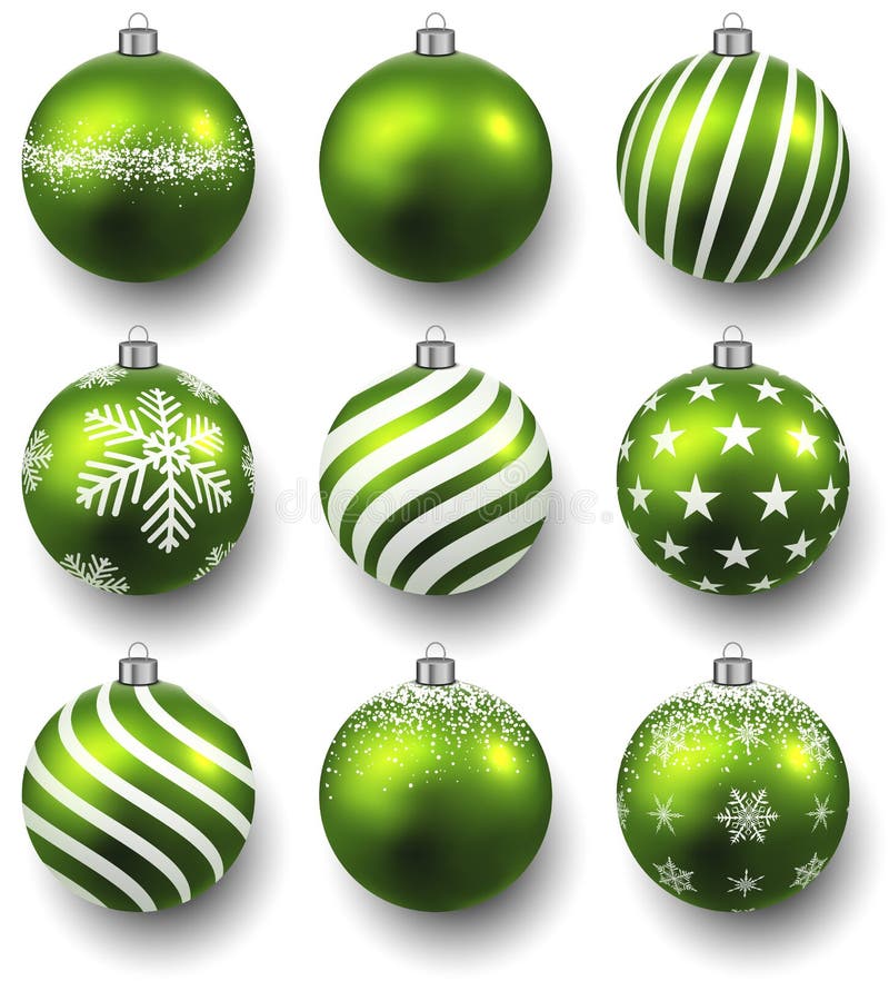 Green christmas balls on white surface. Set of isolated realistic decorations. Vector illustration. Green christmas balls on white surface. Set of isolated realistic decorations. Vector illustration.